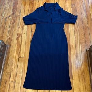 Sigrid Olsen Navy Ribbed Collared Midi Dress